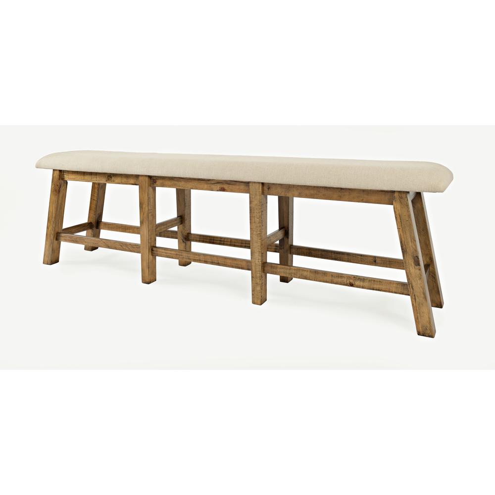 Telluride Rustic Distressed Pine Upholstered 85" Counter Height Bench Gold. Picture 3