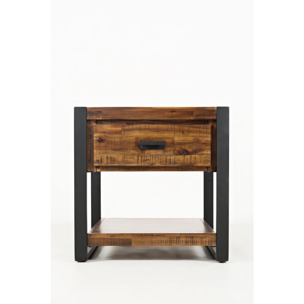 Modern Industrial Distressed Acacia End Table with Drawer. Picture 1