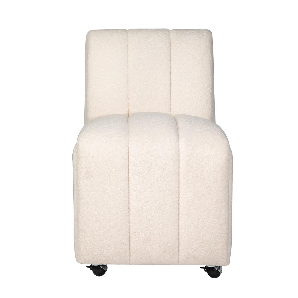 Contemporary Modern Ivory Boucle Upholstered Dining Chair with Wheels (Set of 2). Picture 1
