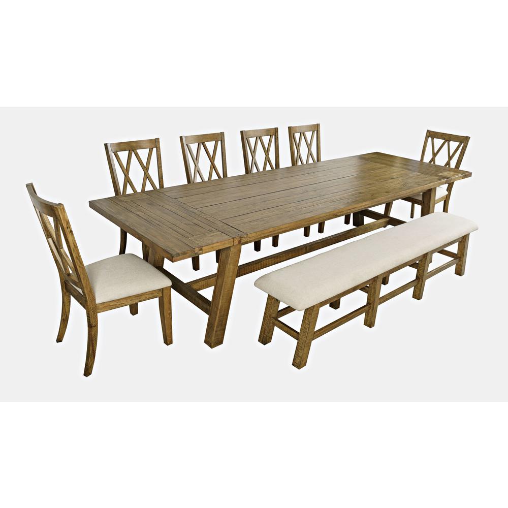 Eight Piece Rustic Distressed Pine 127" Extendable Dining Set with Bench. Picture 2