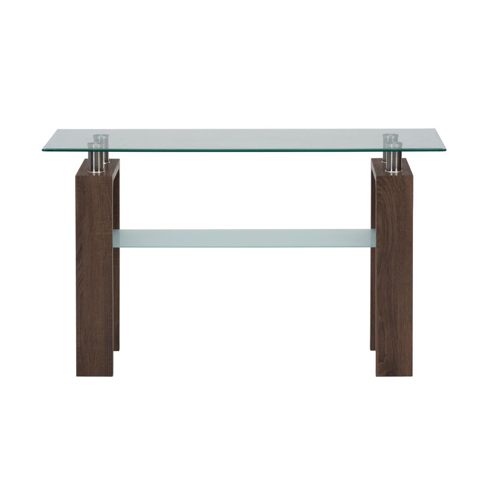 Compass Clear Modern Glass Sofa Table, Brown Wood and Glass. Picture 2