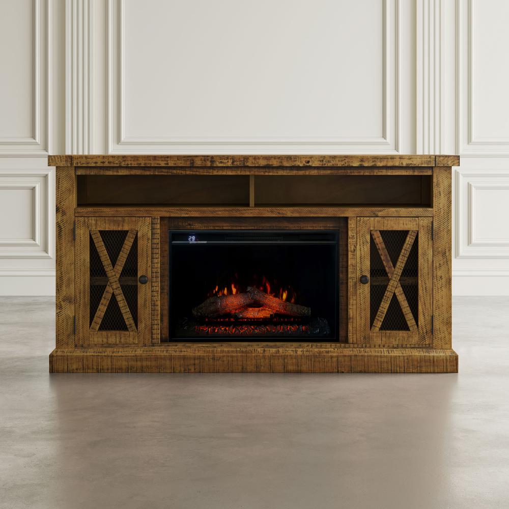 Telluride Rustic Solid Pine 60" Storage Console TV Stand with Electric Fireplace. Picture 9