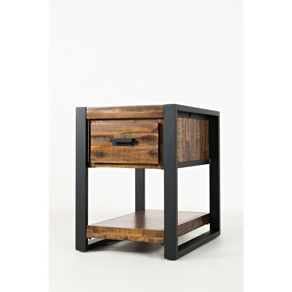 Modern Industrial Distressed Acacia Chairside Table with Drawer. Picture 2