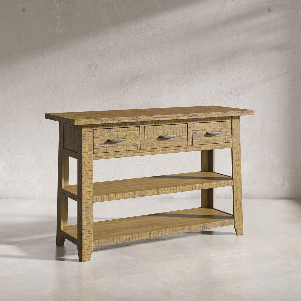 Rustic Distressed Acacia 50" Sofa Table with Drawers and Two Shelves. Picture 12