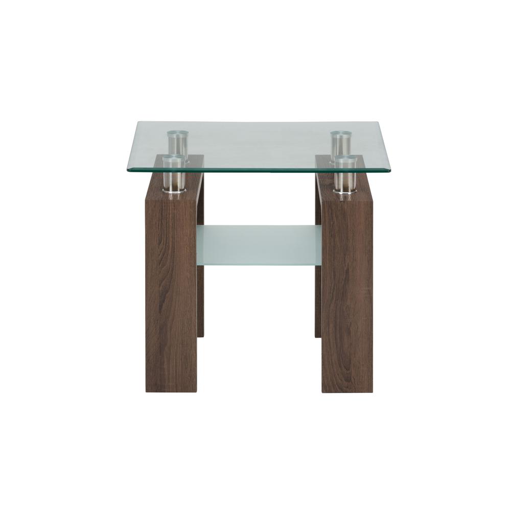 Compass Clear Modern Glass End Table, Brown Wood and Glass. Picture 1