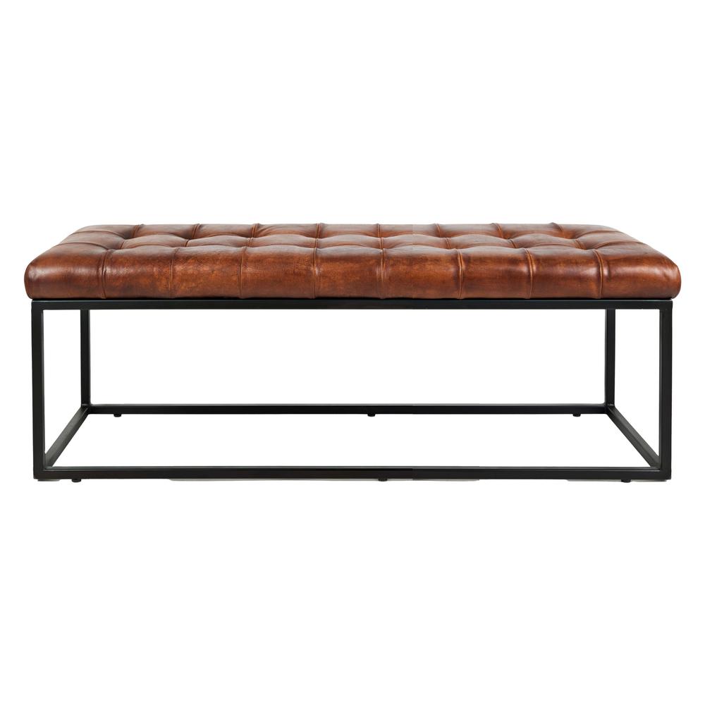 Global Archive 50" Genuine Distressed Leather Mid-Century Modern Ottoman Bench. Picture 1