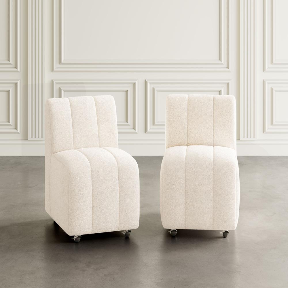Contemporary Modern Ivory Boucle Upholstered Dining Chair with Wheels (Set of 2). Picture 10