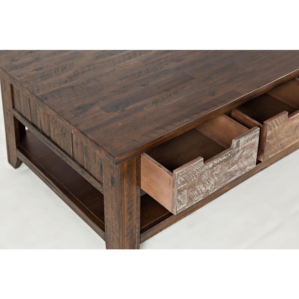 Rustic Solid Acacia 50" Coffee Table with Pull Through Drawers and Caster Wheels. Picture 5
