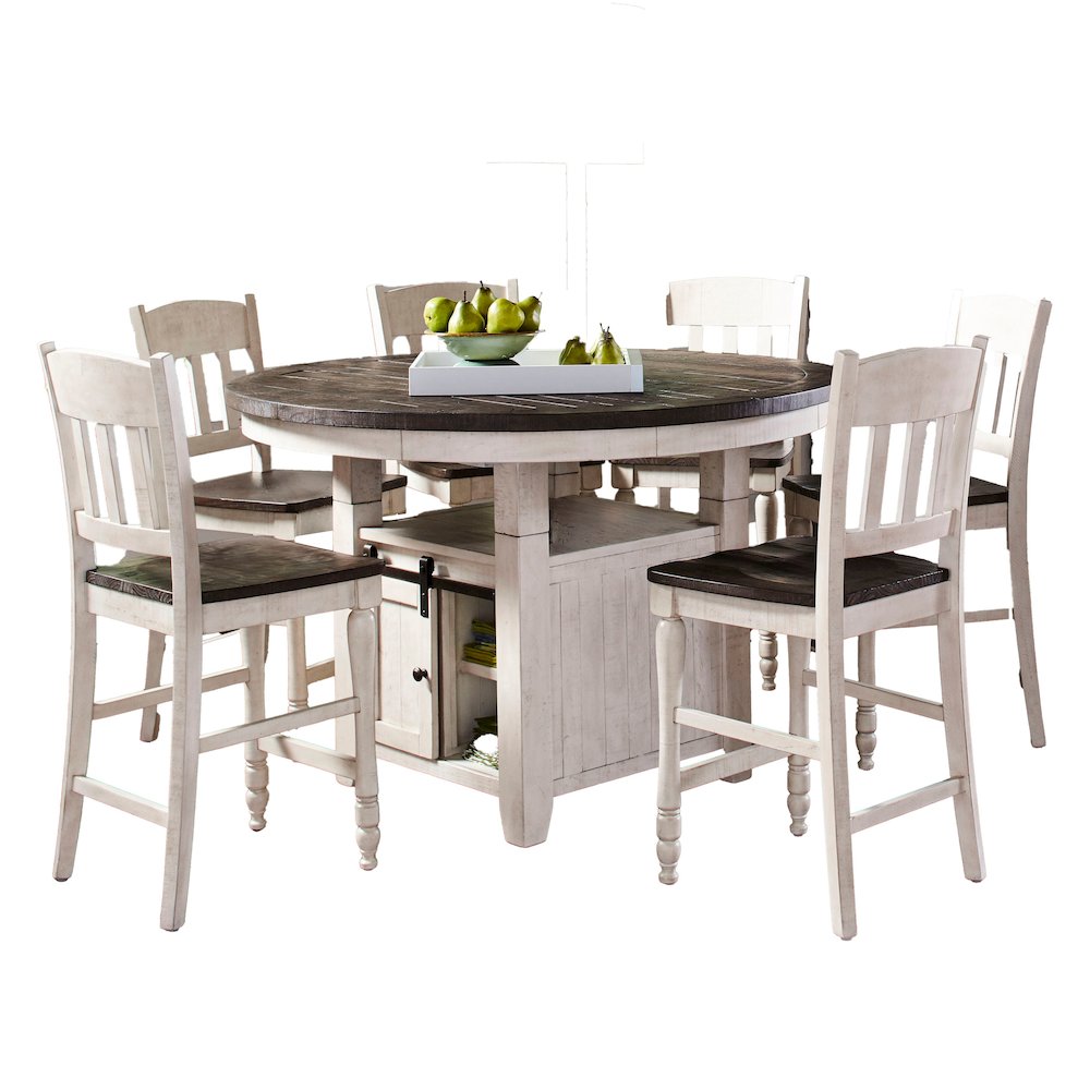 Seven Piece Reclaimed Solid Wood Counter Height Round Dining Set. Picture 1