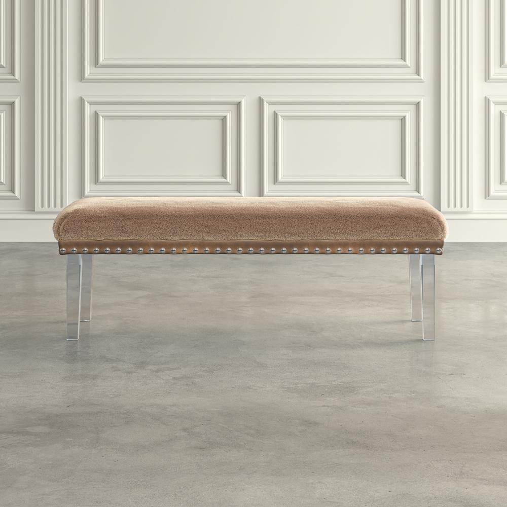 a  Modern Luxury Faux Fur Upholstered Bench with Clear Acrylic Legs. Picture 8