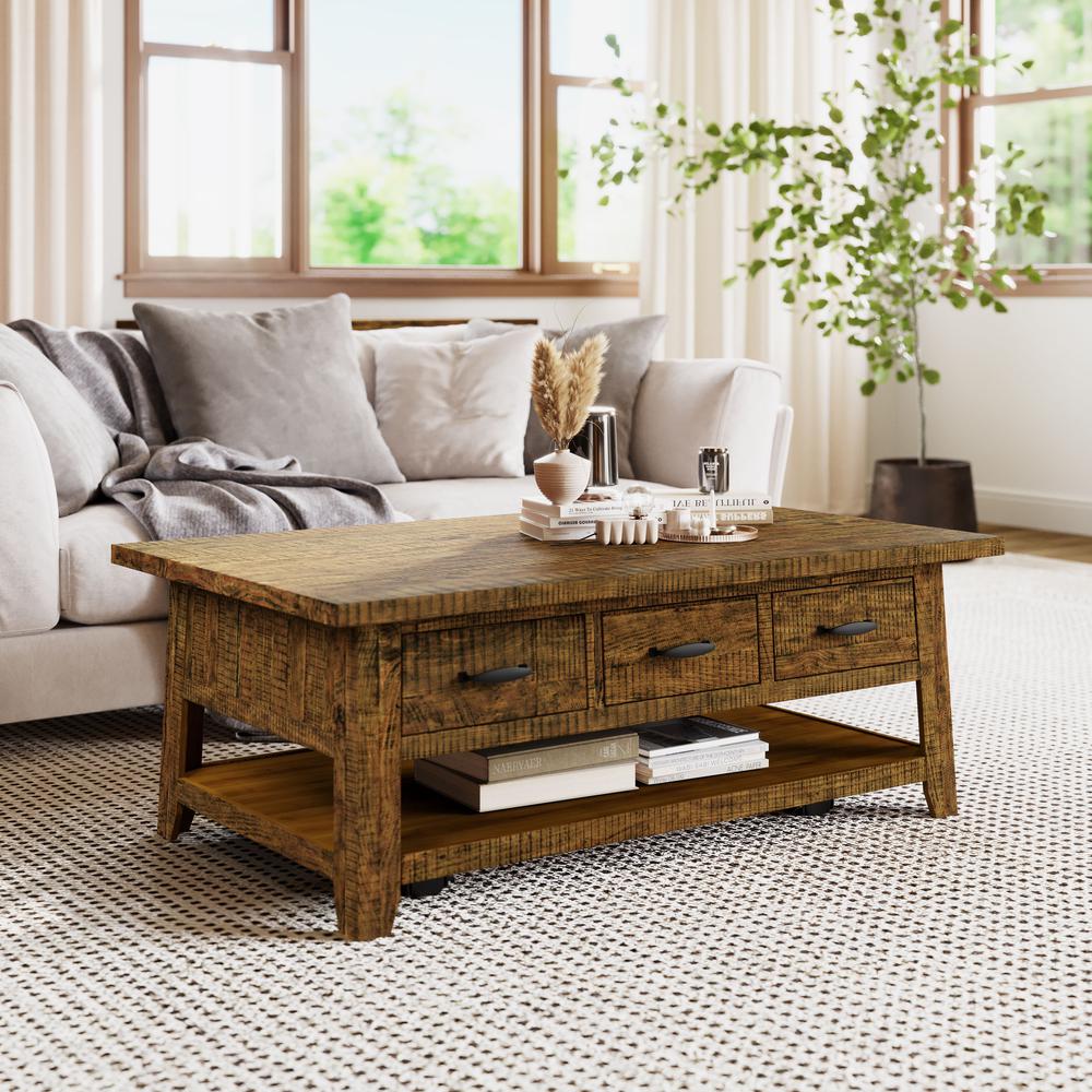 Distressed Acacia 50" Coffee Table with Caster Wheels and Pull-Through Drawers. Picture 9