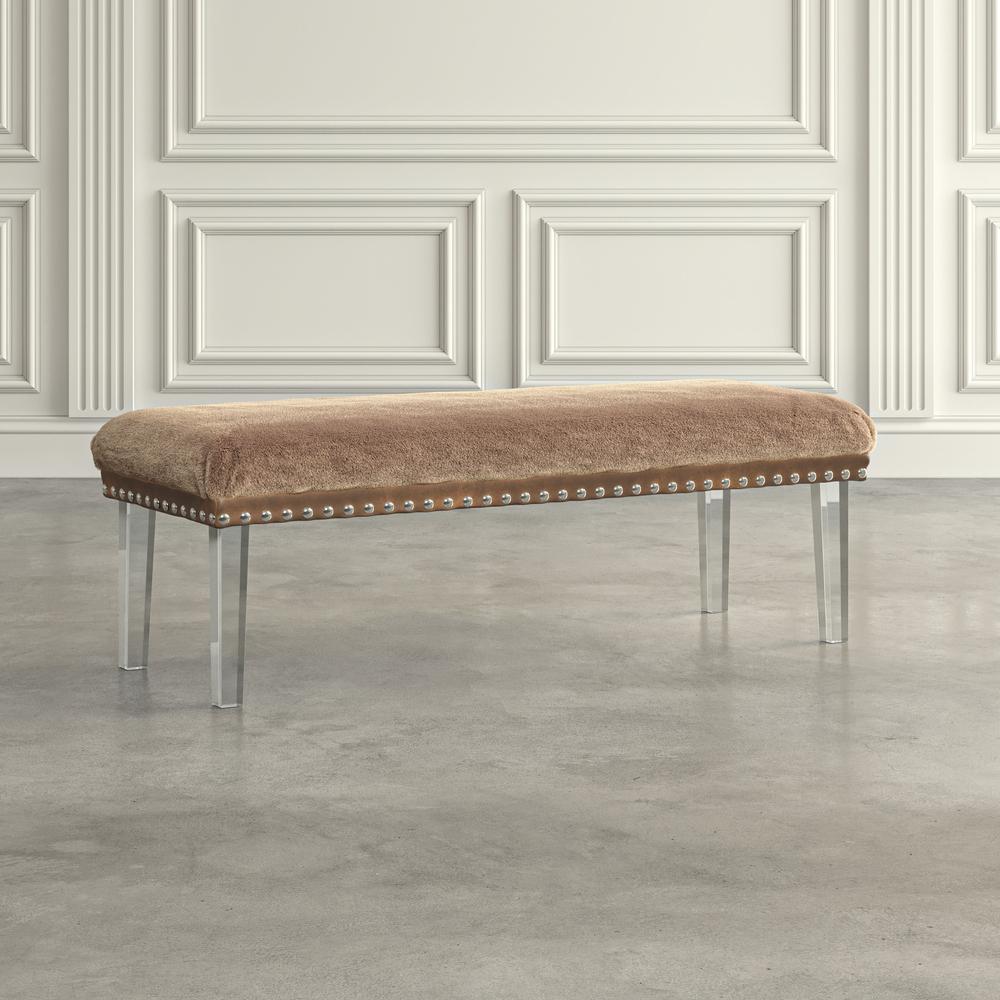 a  Modern Luxury Faux Fur Upholstered Bench with Clear Acrylic Legs. Picture 9