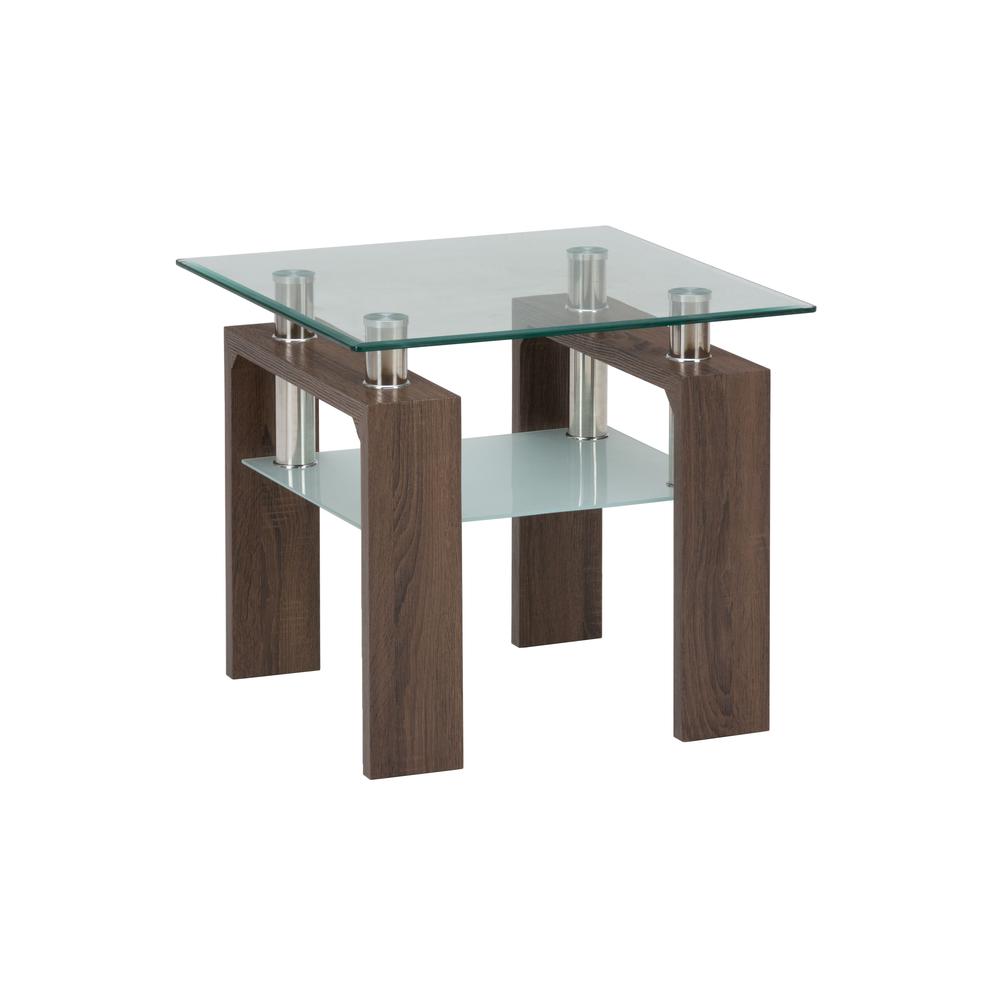 Compass Clear Modern Glass End Table, Brown Wood and Glass. Picture 3