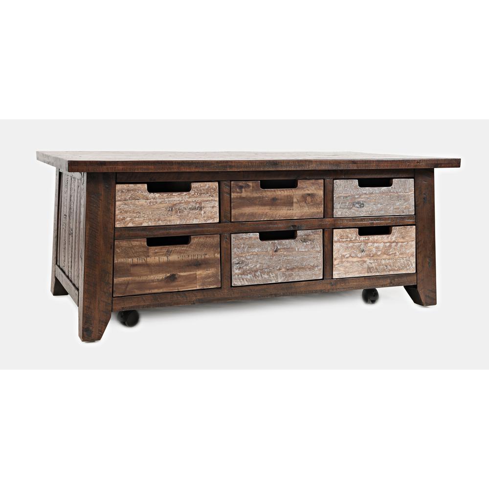 Rustic Solid Acacia Box Coffee Table with Pull-Through Drawers and Caster Wheels. Picture 3