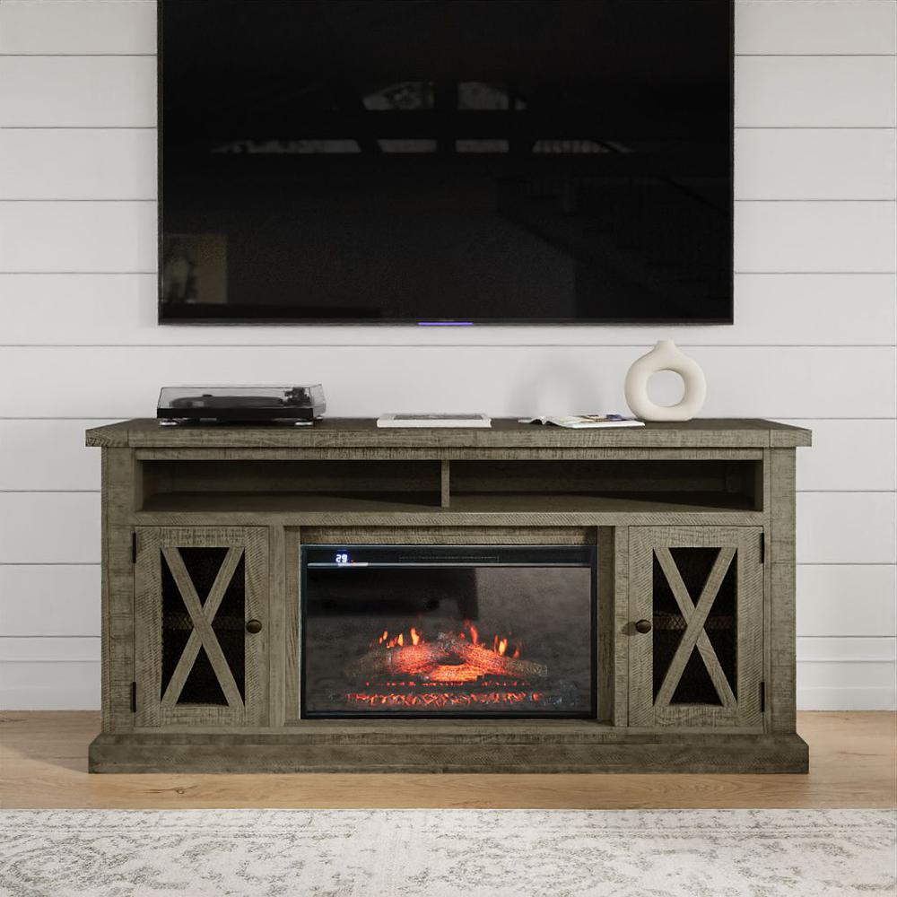 Telluride Rustic Solid Pine 60" Storage Console TV Stand with Electric Fireplace. Picture 8