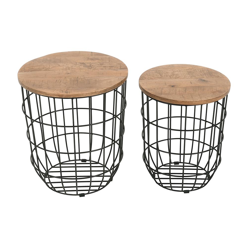 Nested Storage Solid Wood and Metal Basket End Tables (Set of 2). Picture 1