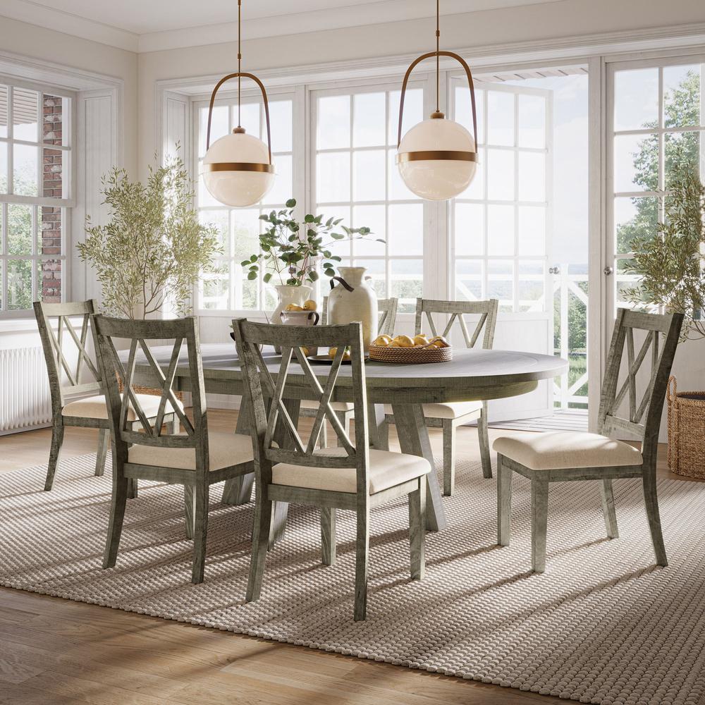 Rustic Farmhouse Seven Piece Dining Table Set with Cross Back Chairs. Picture 8
