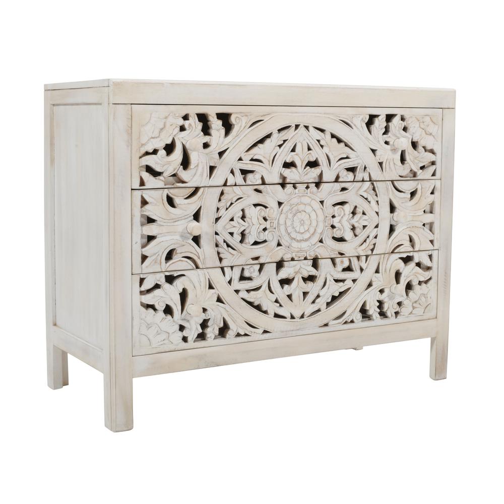 Jolie Rustic Solid Wood Global Boho Hand Carved Accent Chest with Three Drawers. Picture 2
