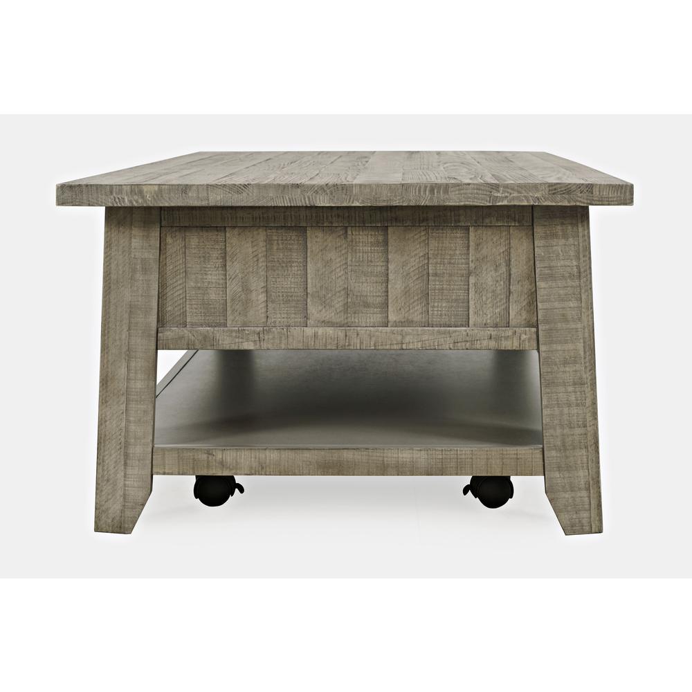 Distressed Acacia 50" Coffee Table with Caster Wheels and Pull-Through Drawers. Picture 4