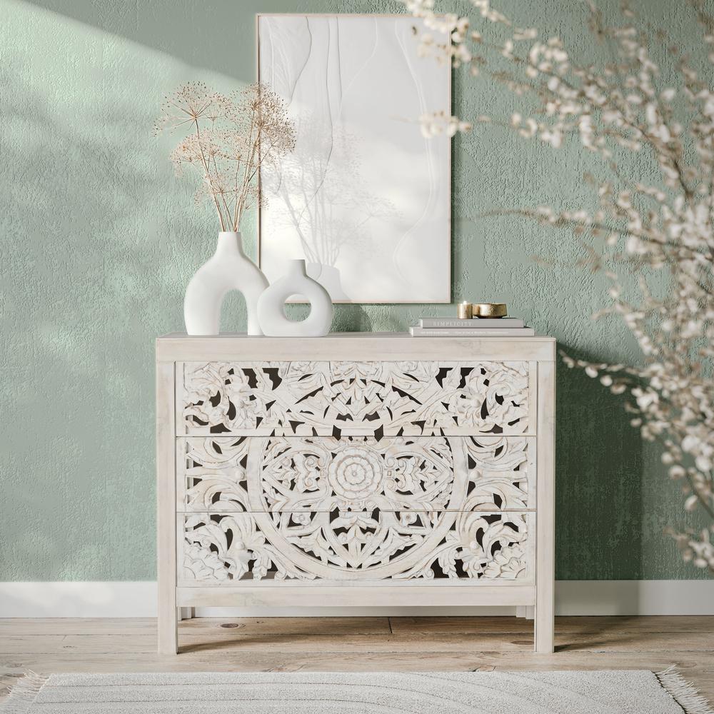 Jolie Rustic Solid Wood Global Boho Hand Carved Accent Chest with Three Drawers. Picture 9