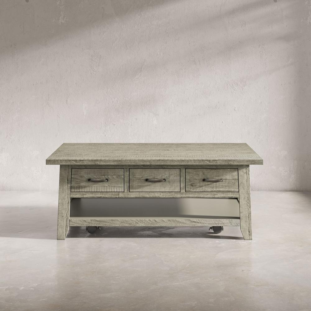 Distressed Acacia 50" Coffee Table with Caster Wheels and Pull-Through Drawers. Picture 13