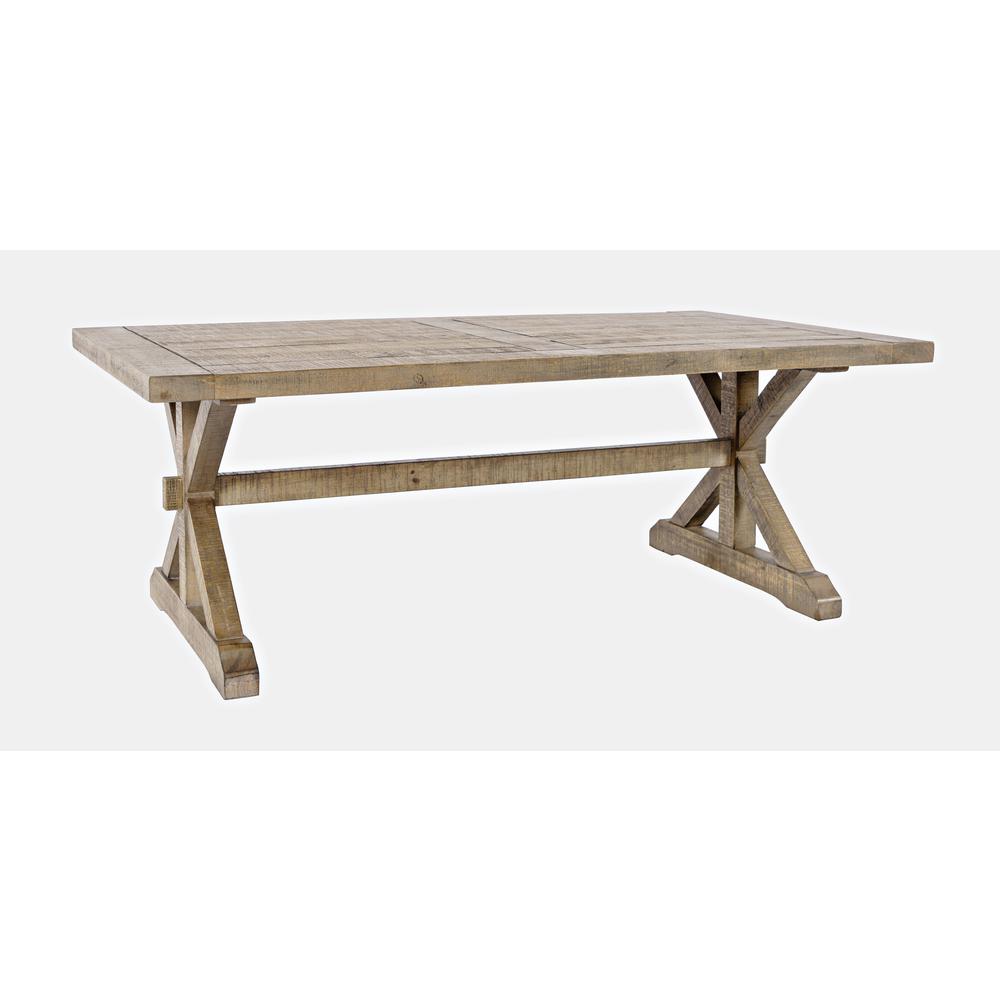 Modern Rustic Distressed Solid Wood Pine Coffee Table with Trestle. Picture 3