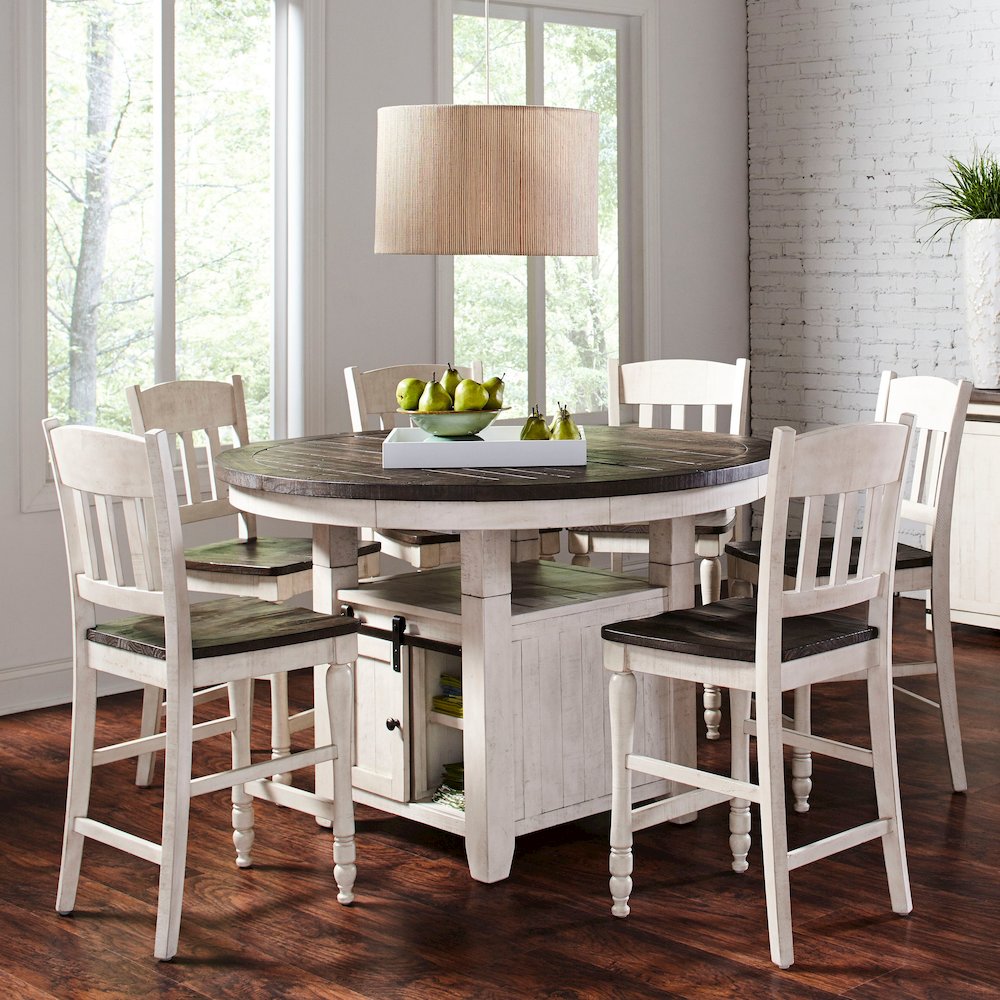 Seven Piece Reclaimed Solid Wood Counter Height Round Dining Set. Picture 11