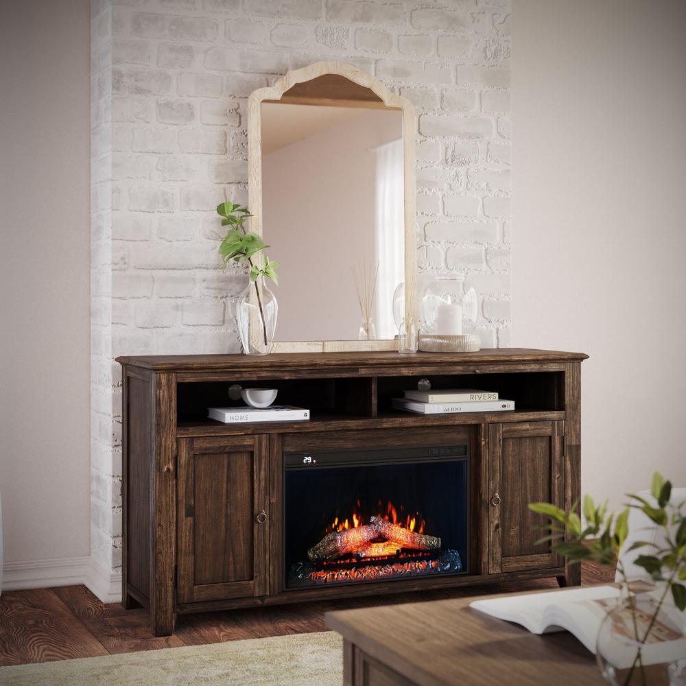 Transitional Rustic 60" Storage Console TV Stand with Electric Fireplace. Picture 8