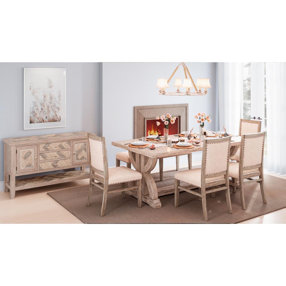 Distressed 78" Six-Piece Upholstered Counter Height Dining Set with Bench. Picture 1
