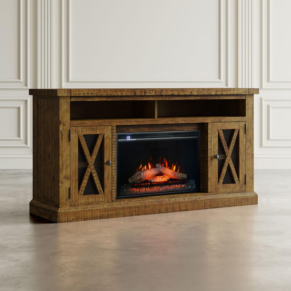 Telluride Rustic Solid Pine 60" Storage Console TV Stand with Electric Fireplace. Picture 10