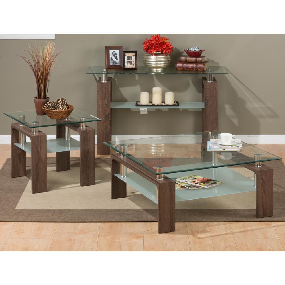 Compass Clear Modern Glass Sofa Table, Brown Wood and Glass. Picture 3