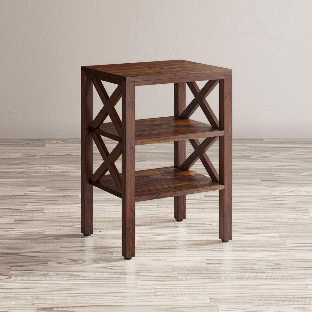 Solid Wood Rustic Modern X-Side Accent Table with Two Shelves. Picture 8