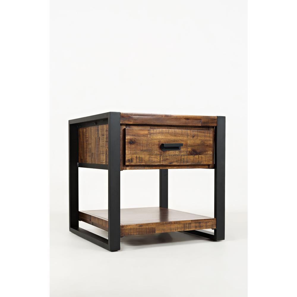 Modern Industrial Distressed Acacia End Table with Drawer. Picture 3