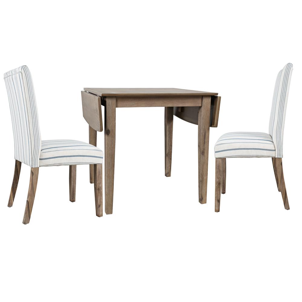 Coastal Wire-Brushed Acacia Three Piece Upholstered Dining Set. Picture 1