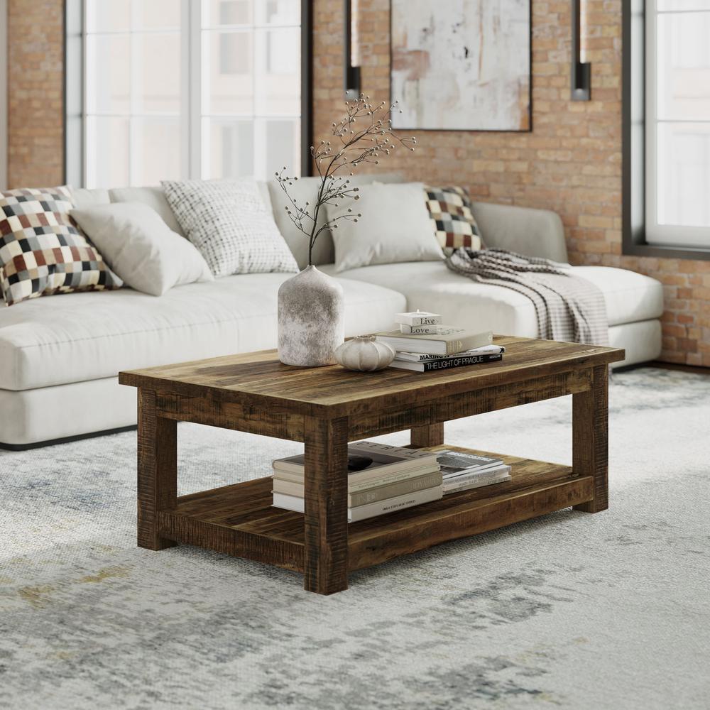 0" Rustic Reclaimed Solid Wood Coffee Table with Storage Shelf. Picture 8