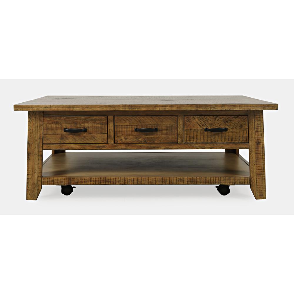 Distressed Acacia 50" Coffee Table with Caster Wheels and Pull-Through Drawers. Picture 1