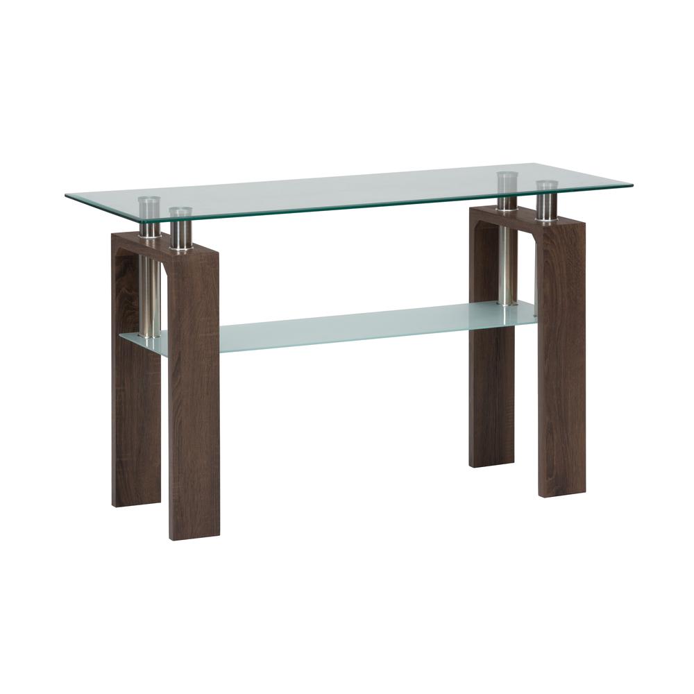 Compass Clear Modern Glass Sofa Table, Brown Wood and Glass. Picture 1
