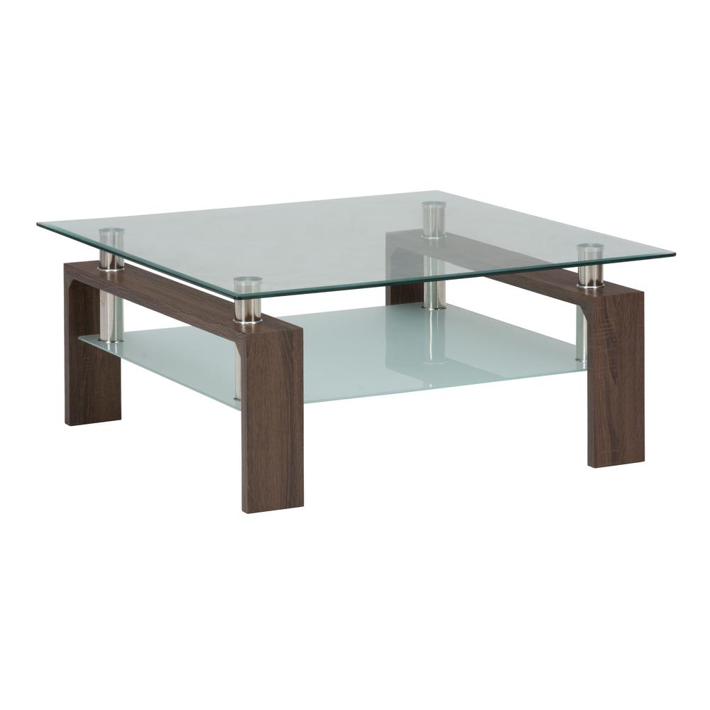 Compass Clear Modern Glass Square 38" Coffee Table, Brown Wood and Glass. Picture 3