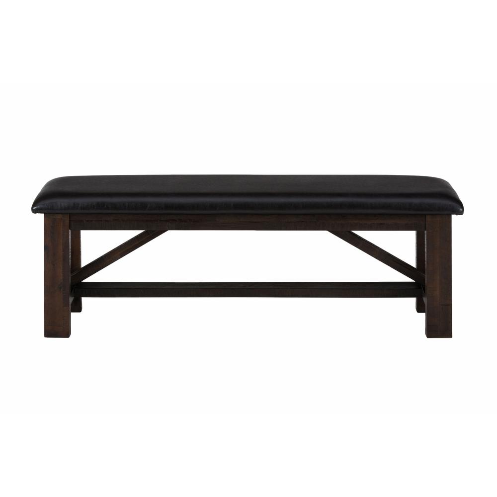 Kona Grove Distressed Rustic Solid Acacia 54" Upholstered Trestle Dining Bench, Chocolate Dark Brown. Picture 1