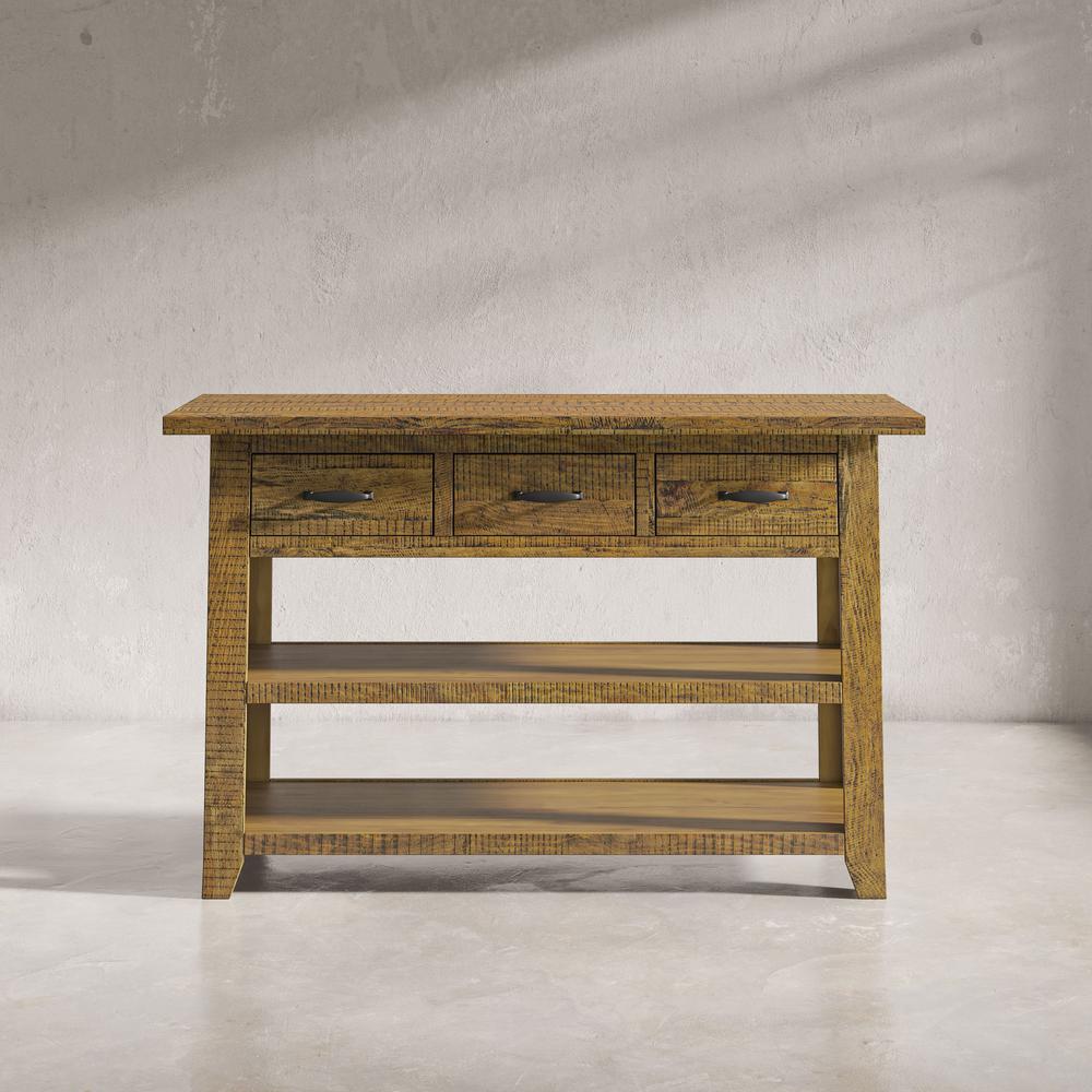 Rustic Distressed Acacia 50" Sofa Table with Drawers and Two Shelves. Picture 11