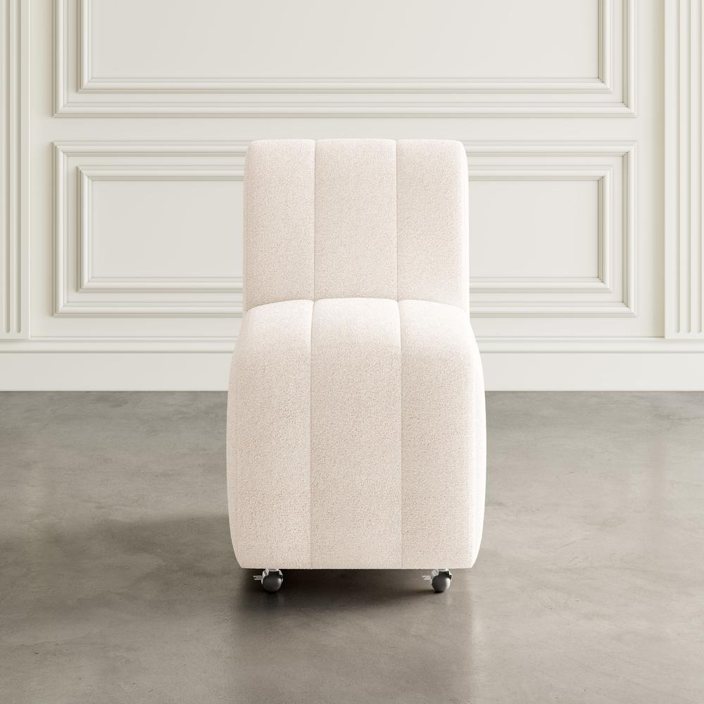 Contemporary Modern Ivory Boucle Upholstered Dining Chair with Wheels (Set of 2). Picture 11
