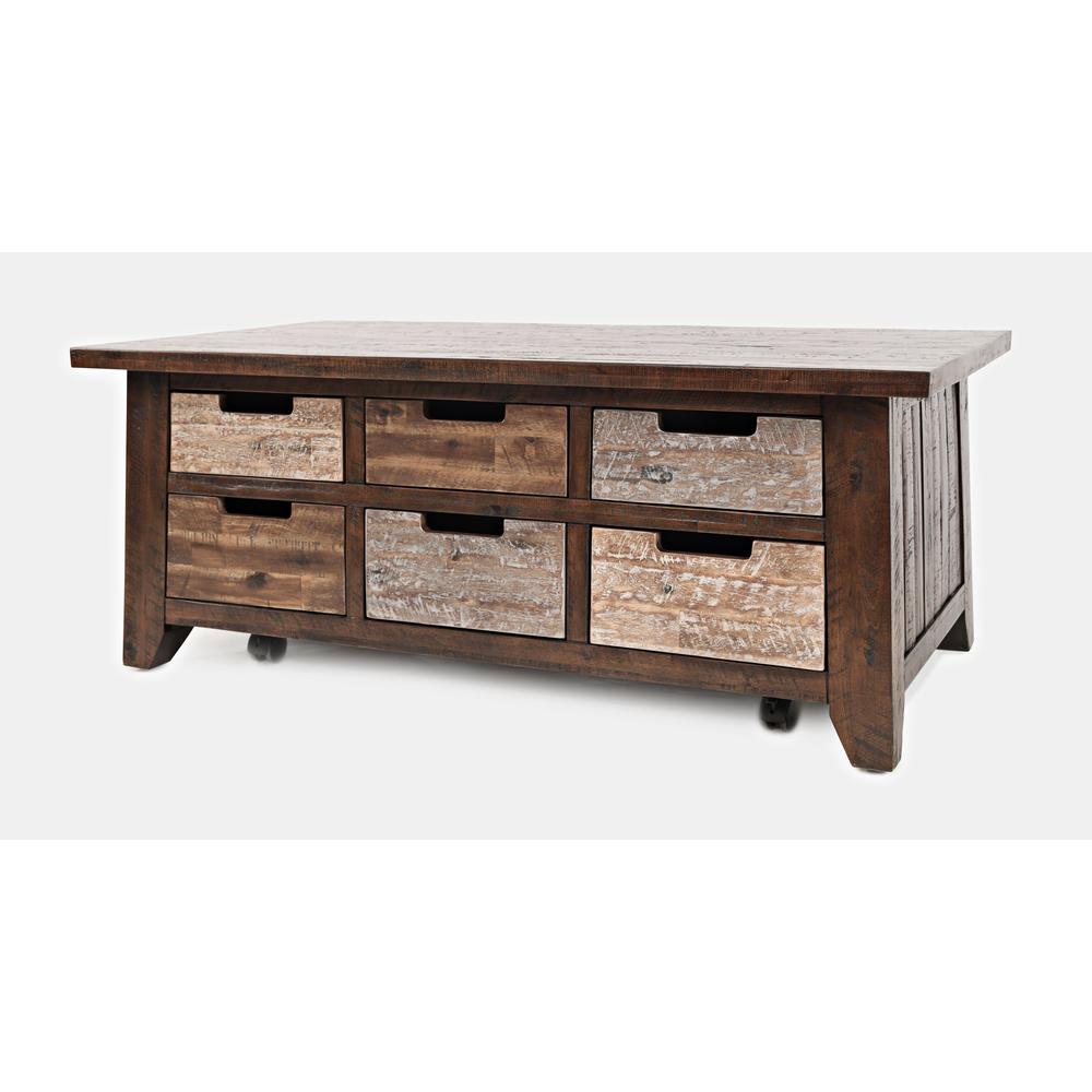 Rustic Solid Acacia Box Coffee Table with Pull-Through Drawers and Caster Wheels. Picture 2