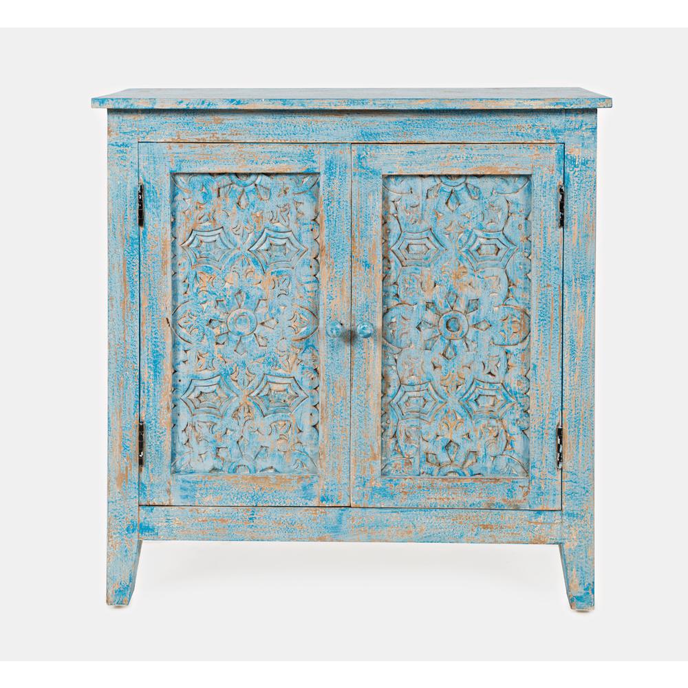 Global Archive Hand Carved 32" Accent Chest, Distressed Blue. Picture 1