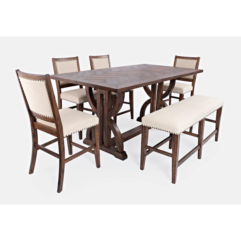 Mid-Century Distressed 78" Six-Piece Upholstered Dining Set with Bench. Picture 1