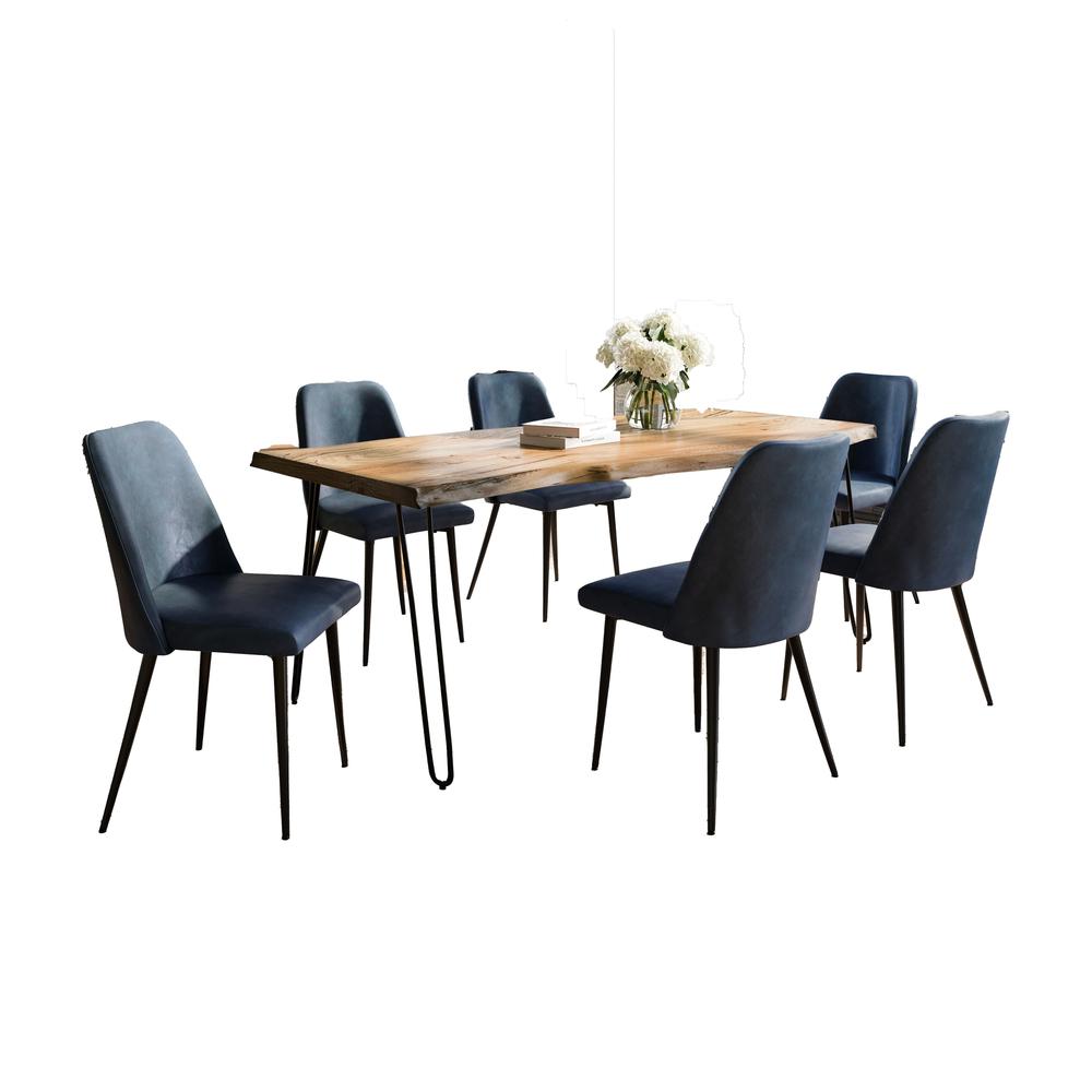 Seven Piece Solid Acacia Dining Set with Upholstered Mid-Century Modern Chairs. Picture 1