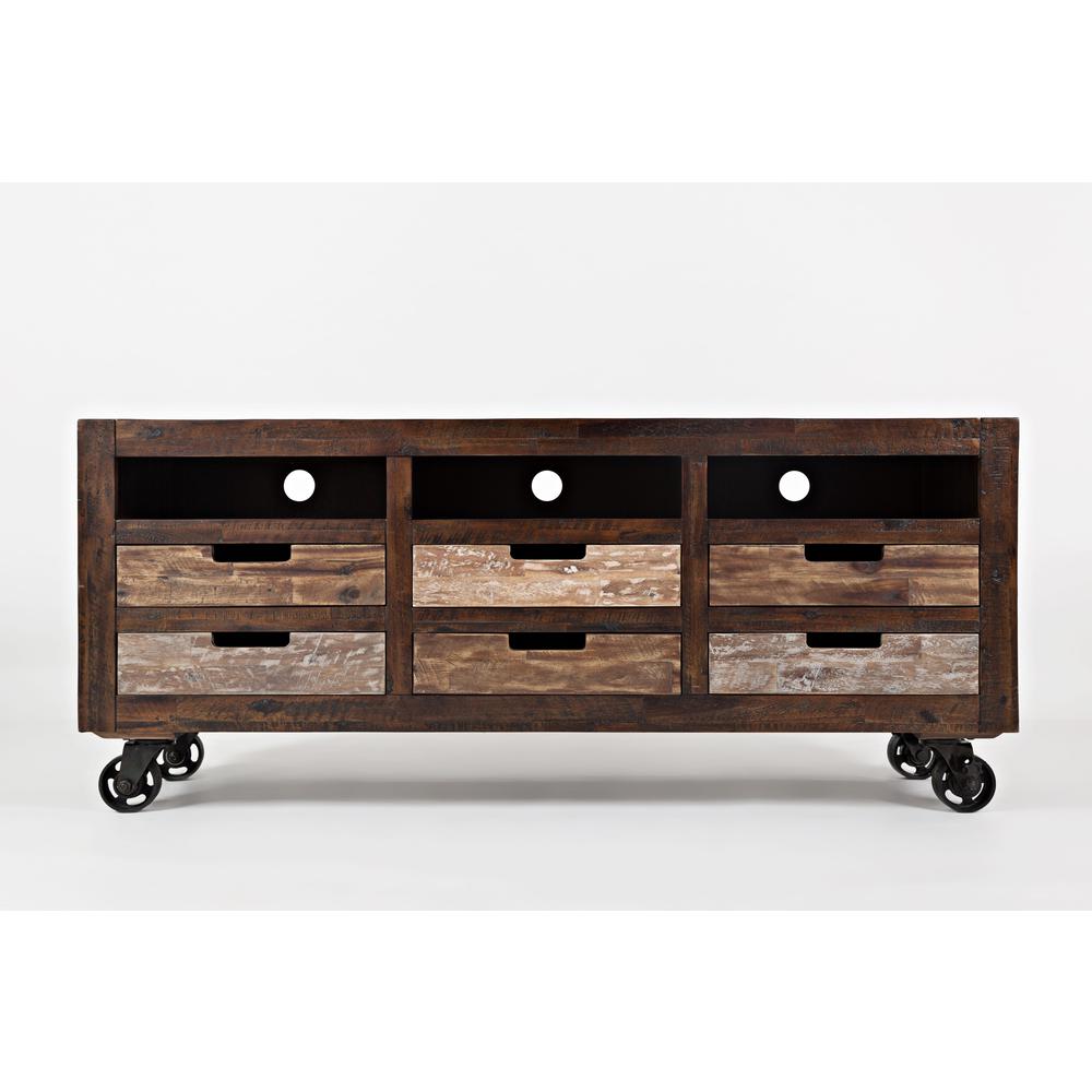 Rustic Solid Acacia Media Console with Caster Wheels. Picture 1