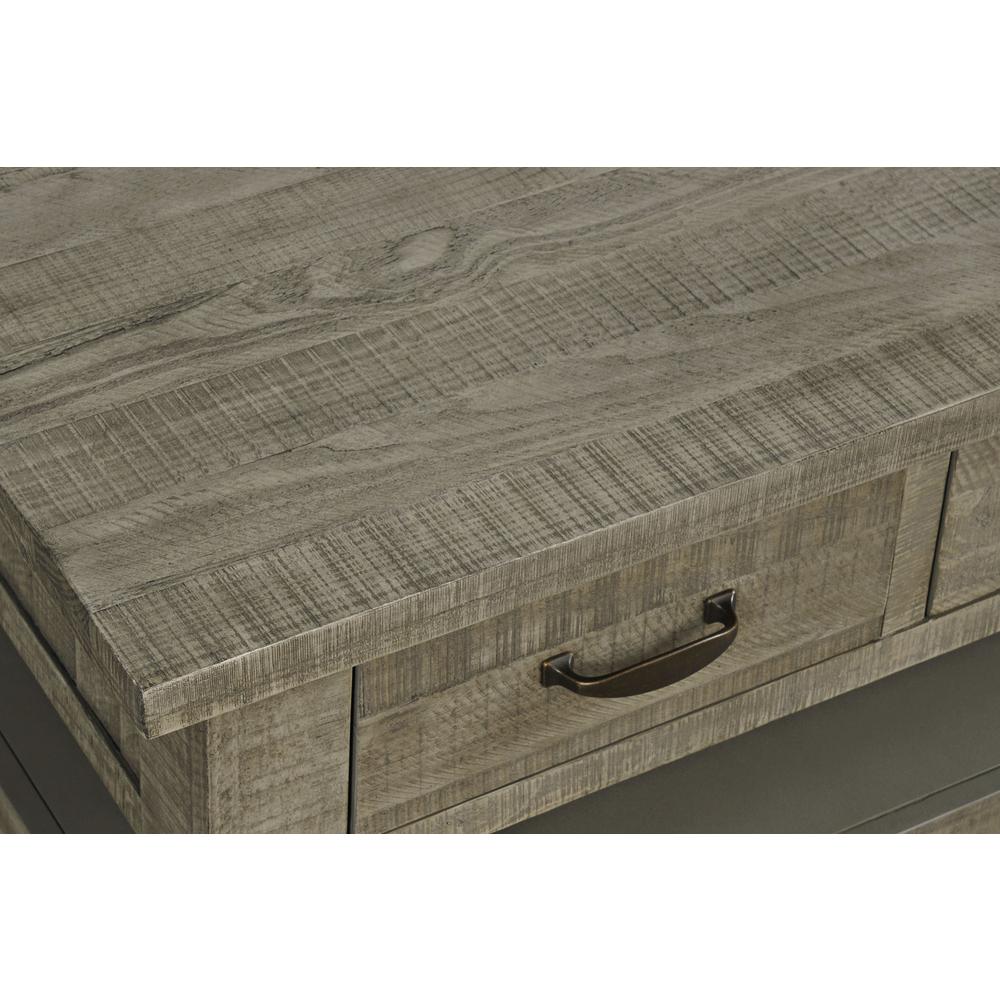 Distressed Acacia 50" Coffee Table with Caster Wheels and Pull-Through Drawers. Picture 5