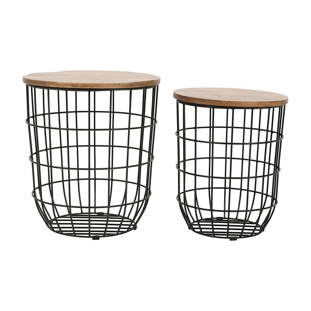 Nested Storage Solid Wood and Metal Basket End Tables (Set of 2). Picture 2
