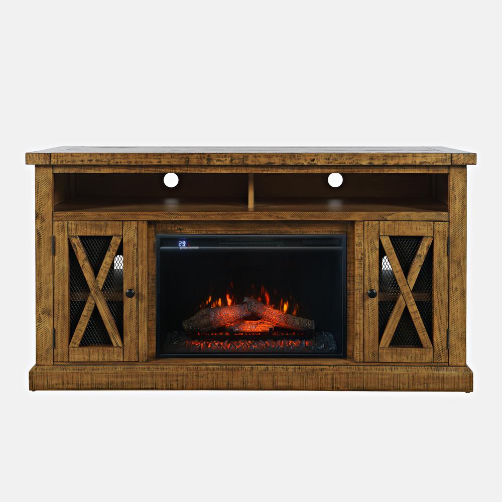 Telluride Rustic Solid Pine 60" Storage Console TV Stand with Electric Fireplace. Picture 1