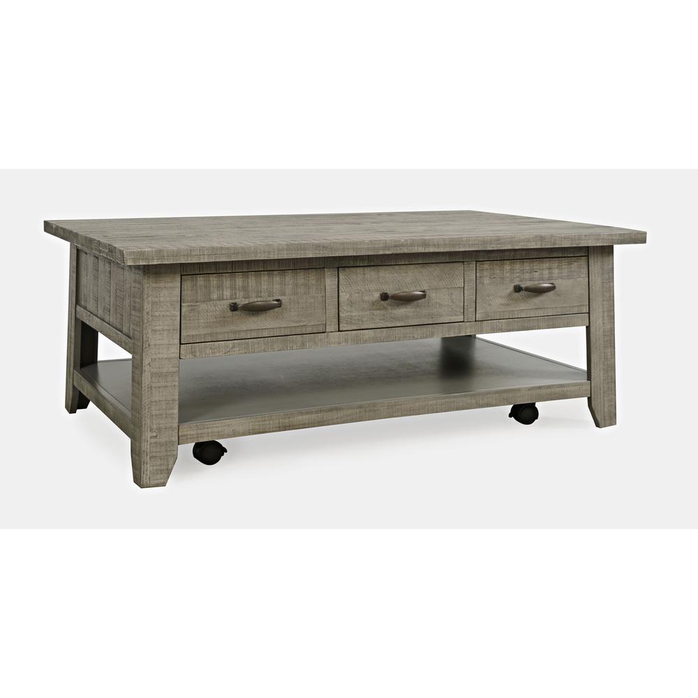 Distressed Acacia 50" Coffee Table with Caster Wheels and Pull-Through Drawers. Picture 2